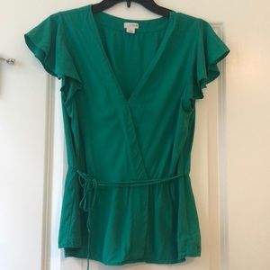 J.crew Factory Green Flutter Sleeve Faux Wrap Top